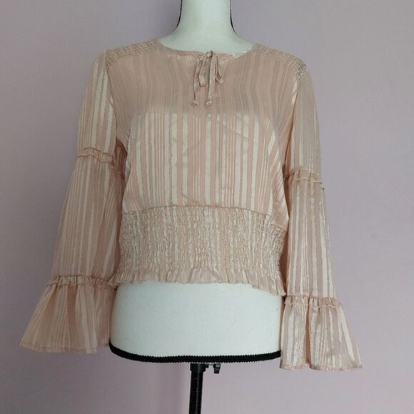 Angie Retro Pink Satin Metallic Bell Sleeves Smocked Cropped Top Size S NWT - Picture 2 of 12